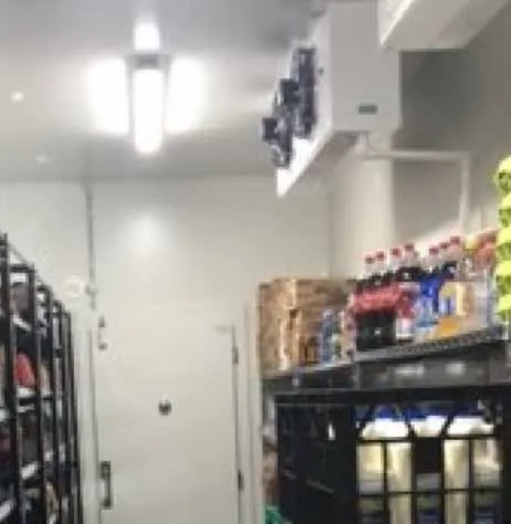 Retail coolroom interior with shelving and refrigeration.